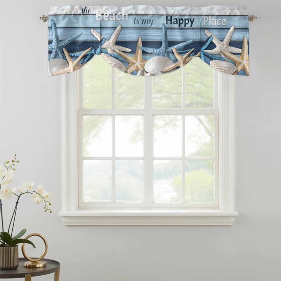 Tie Up Valance Curtain for Kitchen,Summer Beach Ocean Shell Starfish Rod Pocket Short Curtains Adjustable Tie-Up Shade Valances,Farm Blue Wood Board Window Treatment for Bathroom Living Room Bedroom