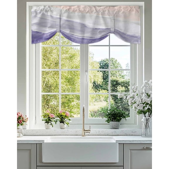 Tie Up Valance Curtain for Kitchen, Summer Beach Sand Waves Purple Gradient Rod Pocket Short Curtains Adjustable Tie-Up Shade Valances, Water Ripple Window Treatment for Bedroom Bathroom 42x12in