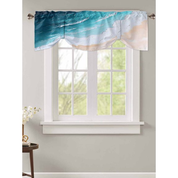 Tie Up Valance Curtain for Kitchen,Summer Blue Ocean Waves Rod Pocket Short Curtains Adjustable Tie-Up Shade Valances,Beach Coastal Nautical Style Window Treatment for Bathroom Living Room Bedroom
