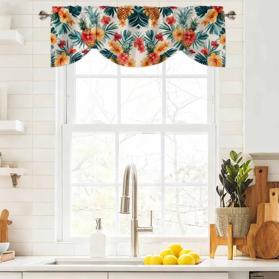 Tie Up Valance Curtain for Kitchen, Summer Colorful Tropical Plants Rod Pocket Short Curtains Adjustable Tie-Up Shade Valances, Blossom Floral Leaves Window Treatment for Bathroom Living Room Bedroom