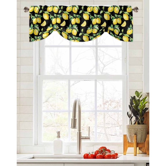 Tie Up Valance Curtain for Kitchen, Summer Farm Yellow Lemon Pattern Rod Pocket Short Curtains Adjustable Tie-Up Shade Valances, Black Bottom Window Treatment for Bathroom Living Room Bedroom