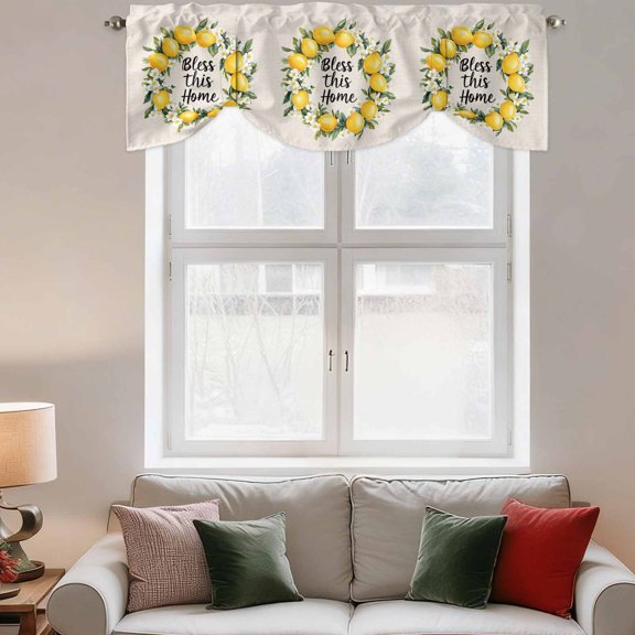 Tie Up Valance Curtain for Kitchen,Summer Lemon Watercolor Floral Rod Pocket Short Curtains Adjustable Tie-Up Shade Valances,Bless Home Quote Retro Linen Window Treatment for Bathroom Bedroom