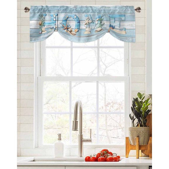 Tie Up Valance Curtain for Kitchen,Summer Ocean Beach Shell Home Quote Rod Pocket Short Curtains Adjustable Tie-Up Shade Valances,Farm Blue Wood Board Window Treatment for Bathroom Living Room