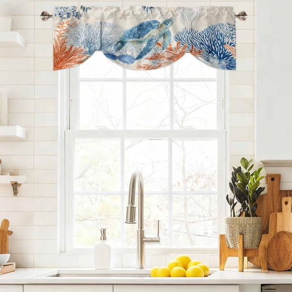 Tie Up Valance Curtain for Kitchen, Summer Ocean Sea Turtle Coral Rod Pocket Short Curtains Adjustable Tie-Up Shade Valances, Eucalyptus Retro Linen Window Treatment for Bathroom Living Room Bedroom