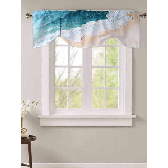 Tie Up Valance Curtain for Kitchen,Summer Ombre Blue Wavy Beach Rod Pocket Short Curtains Adjustable Tie-Up Shade Valances,Classical Wave Texture Window Treatment for Bathroom Living Room Bedroom