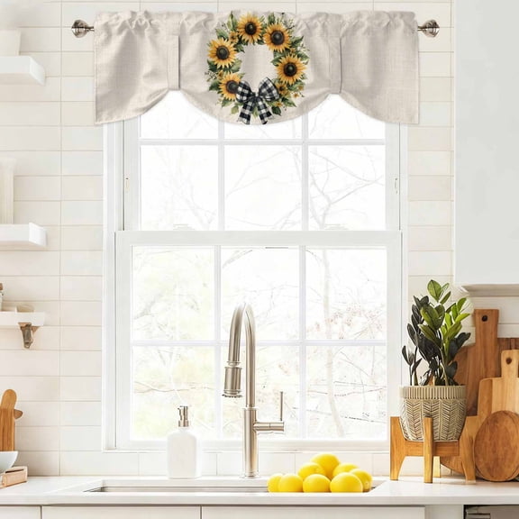 Tie Up Valance Curtain for Kitchen,Summer Pastoral Sunflower Wreath on Linen Rod Pocket Short Curtains Adjustable Tie-Up Shade Valances,Circle Flower Window Treatment for Bathroom Living Room Bedroom