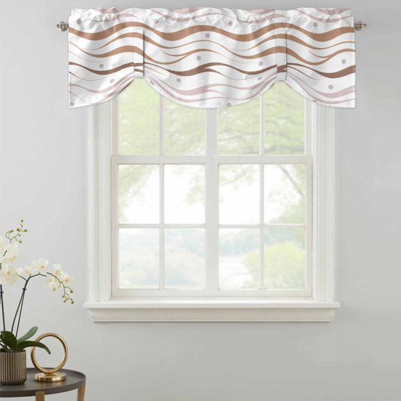 Tie Up Valance Curtain for Kitchen,Summer Sea Waves Rod Pocket Short Curtains Adjustable Tie-Up Shade Valances,Khaki Striped Round Points Window Treatment for Bathroom Living Room Bedroom
