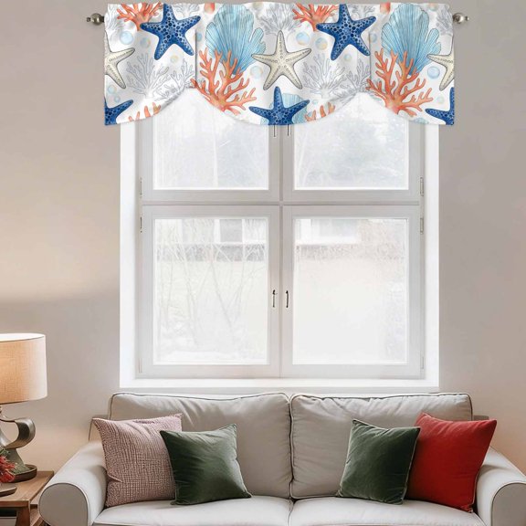 Tie Up Valance Curtain for Kitchen,Summer Starfish Coral Shell Bubble Rod Pocket Short Curtains Adjustable Tie-Up Shade Valances,Underwater Marine Creature Window Treatment for Bathroom Living Room
