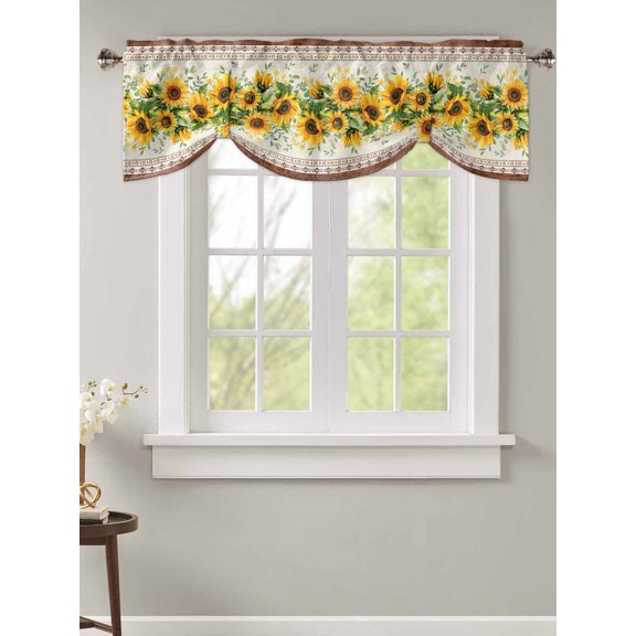 Tie Up Valance Curtain for Kitchen,Summer Sunflower Green Leaves Rod Pocket Short Curtains Adjustable Tie-Up Shade Valances,Boho Stripe Brown Wood Grain Window Treatment for Bathroom Living Room