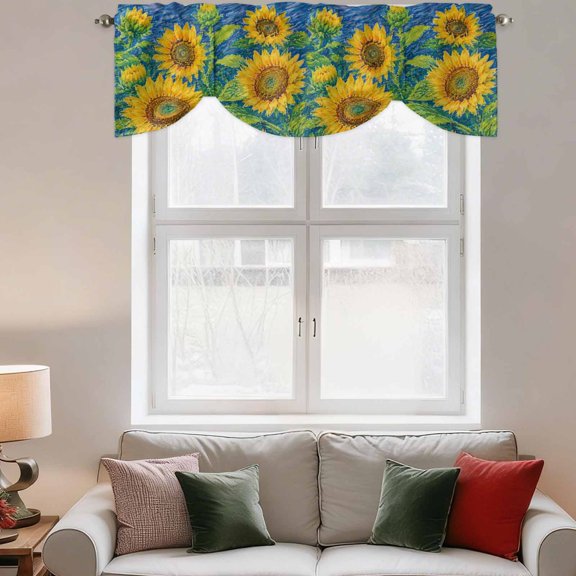 Tie Up Valance Curtain for Kitchen,Summer Sunflowers Oil Painting Art Rod Pocket Short Curtains Adjustable Tie-Up Shade Valances,Retro Blossom Floral Window Treatment for Bathroom Living Room Bedroom