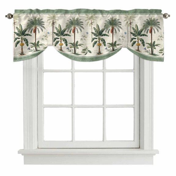 Tie Up Valance Curtain for Kitchen,Summer Tropical Palm Tree Rod Pocket Short Curtains Adjustable Tie-Up Shade Valances,Green Border Weathered Textures Window Treatment for Bathroom Bedroom