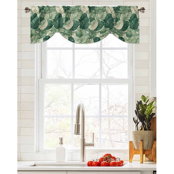 Tie Up Valance Curtain for Kitchen,Summer Watercolor Palm Leaves Rod Pocket Short Curtains Adjustable Tie-Up Shade Valances,Farm Watercolor Plant Window Treatment for Bathroom Living Room Bedroom