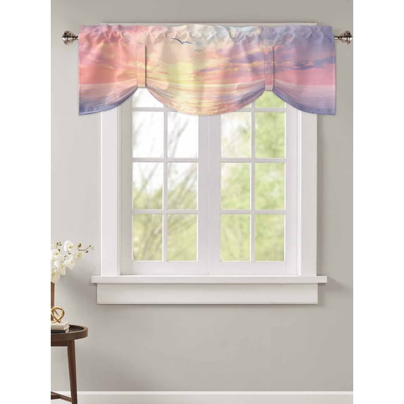 Tie Up Valance Curtain for Kitchen,Sunset Ocean Pink Gradient Rod Pocket Short Curtains Adjustable Tie-Up Shade Valances,Watercolor Oil Painting Art Window Treatment for Bathroom Living Room Bedroom