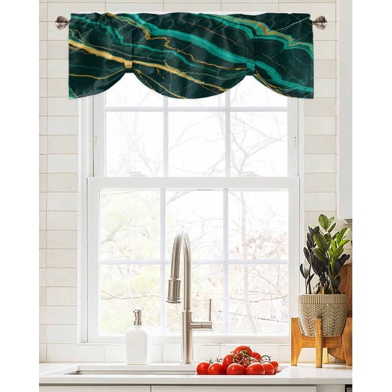 Tie Up Valance Curtain for Kitchen,Teal Marble Gold Stripe Rod Pocket Short Curtains Adjustable Tie-Up Shade Valances,Abstract Water Ripple Window Treatment for Bathroom Living Room Bedroom