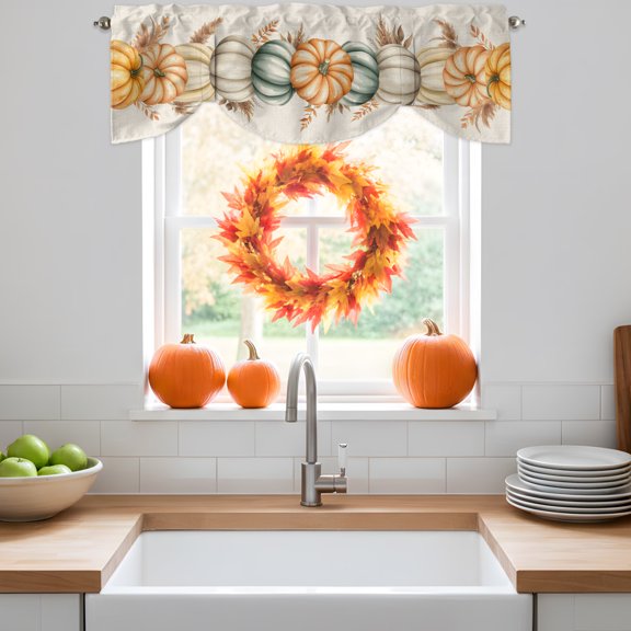 Tie Up Valance Curtain for Kitchen,Thanksgiving Pumpkin Autumn Reed Rod Pocket Short Curtains Adjustable Shade Valances,Fall Leaves Retro Linen Window Treatment for Bathroom Living Room,42x12in