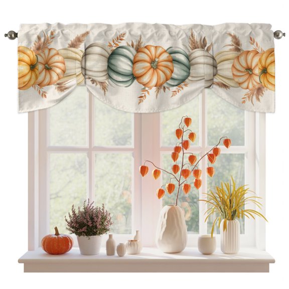 Tie Up Valance Curtain for Kitchen, Thanksgiving Pumpkin Autumn Reed Rod Pocket Short Curtains Adjustable Tie-Up Shade Valances, Fall Leaves Retro Linen Window Treatment for Bedroom Bathroom 42x12in