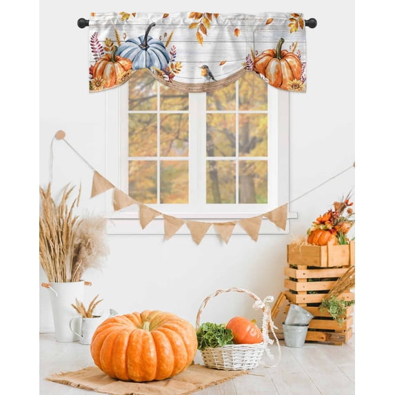 Tie Up Valance Curtain for Kitchen,Thanksgiving Pumpkin Plant Rod Pocket Short Curtains Adjustable Tie-Up Shade Valances,Maple Leaves on Rustic Wooden Window Treatment for Bathroom Living Room