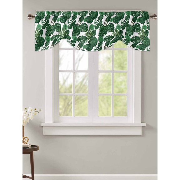 Tie Up Valance Curtain for Kitchen,Tropical Plants Turtle Backwood Rod Pocket Short Curtains Adjustable Tie-Up Shade Valances,Watercolor Green Leaves Window Treatment for Bathroom Living Room Bedroom