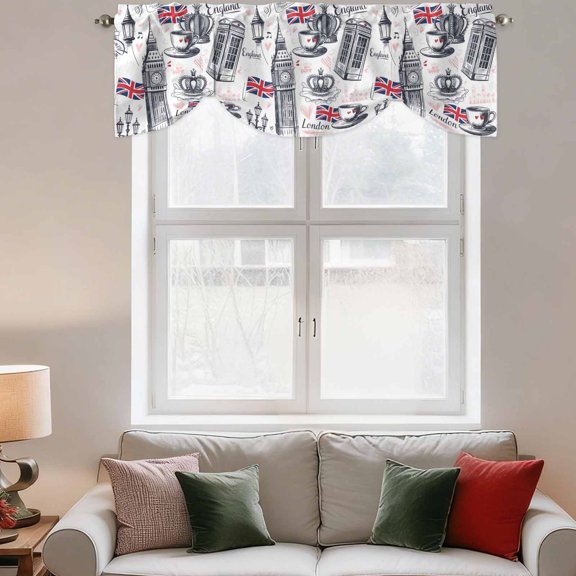 Tie Up Valance Curtain for Kitchen,UK Flags London Crown Rod Pocket Short Curtains Adjustable Tie-Up Shade Valances,Abstract Coffee Red Love Window Treatment for Bathroom Living Room Bedroom