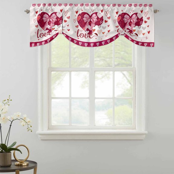 Tie Up Valance Curtain for Kitchen, Valentine Sweetheart Pink Bow Rod Pocket Short Curtains Adjustable Tie-Up Shade Valances, Romantic Love Heart Window Treatment for Bathroom Living Room Bedroom