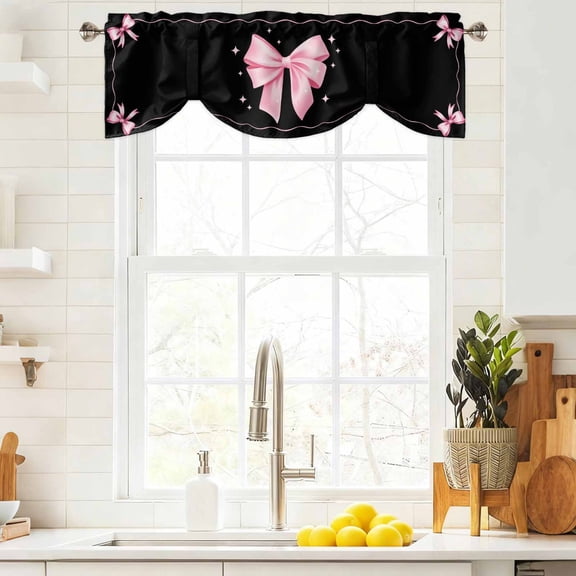 Tie Up Valance Curtain for Kitchen,Valentine's Day Pink Bowknot on Black Rod Pocket Short Curtains Adjustable Tie-Up Shade Valances,Ribbon Bow Mother's Day Window Treatment for Bathroom Bedroom