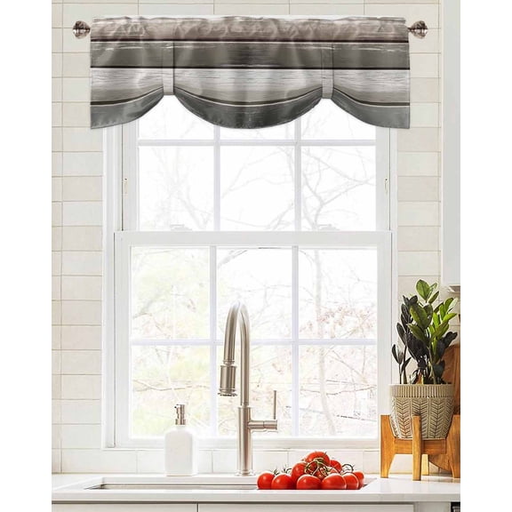 Tie Up Valance Curtain for Kitchen,Vintage Antique Wood Board Rod Pocket Short Curtains Adjustable Tie-Up Shade Valances,Farmhouse Dark Grey Board Window Treatment for Bathroom Living Room Bedroom