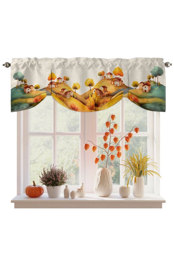 Tie Up Valance Curtain for Kitchen, Vintage Autumn Country House Rod Pocket Short Curtains Adjustable Tie-Up Shade Valances, Cartoon Farm Plant on Linen Window Treatment for Bedroom Bathroom 42x12in
