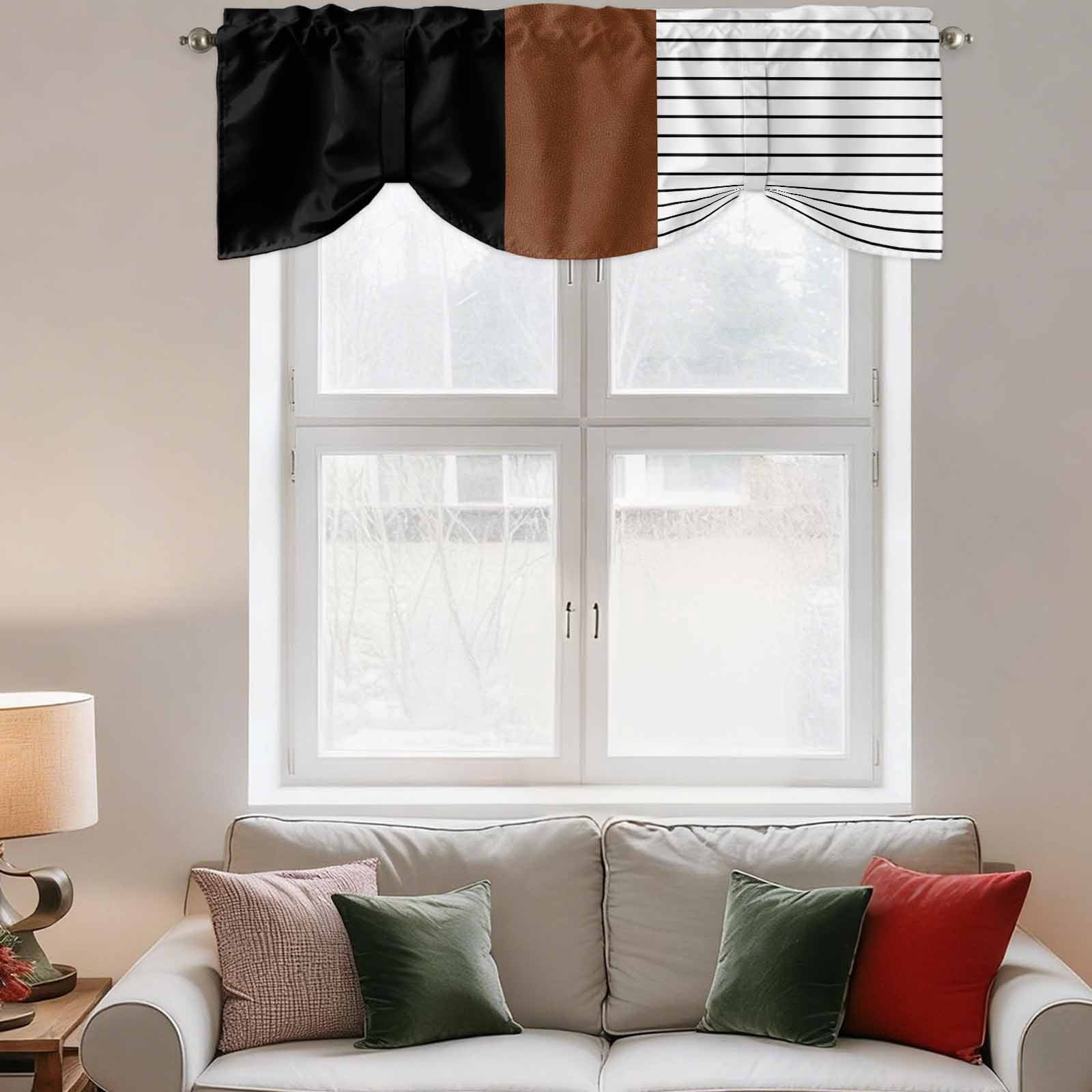 Tie Up Valance Curtain for Kitchen,Vintage Black Brown Color Block Rod