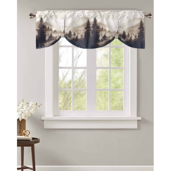 Tie Up Valance Curtain for Kitchen, Vintage Black Tree Forest Mountain Rod Pocket Short Curtains Adjustable Tie-Up Shade Valances, Nature Scenery Window Treatment for Bathroom Living Room Bedroom