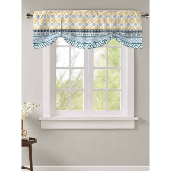 Tie Up Valance Curtain for Kitchen,Vintage Bohemian Yellow Geometric Stripes Rod Pocket Short Curtains Adjustable Tie-Up Shade Valances,Medieval Tribal Window Treatment for Bathroom Living Room