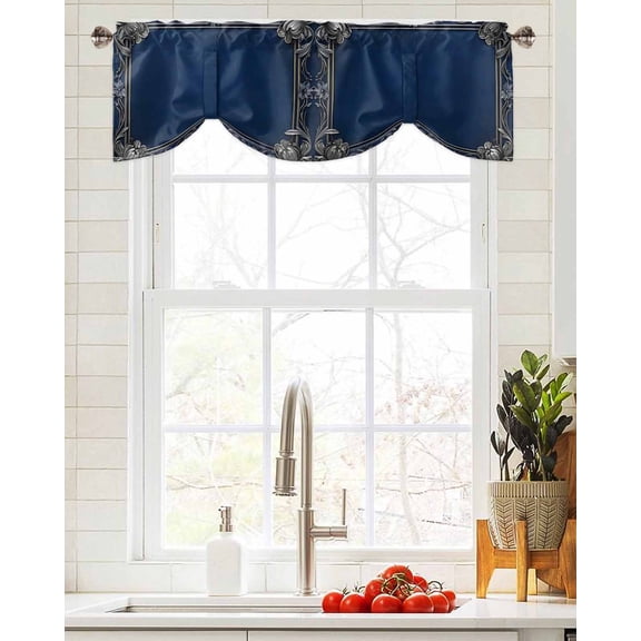 Tie Up Valance Curtain for Kitchen, Vintage Dark Blue Grey Floral Rod Pocket Short Curtains Adjustable Tie-Up Shade Valances, Abstract Flower Board Window Treatment for Bathroom Living Room Bedroom