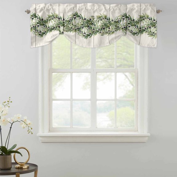 Tie Up Valance Curtain for Kitchen,Vintage Farmhouse Olive Leaves Rod Pocket Short Curtains Adjustable Tie-Up Shade Valances,Country Wood Board Window Treatment for Bathroom Living Room Bedroom