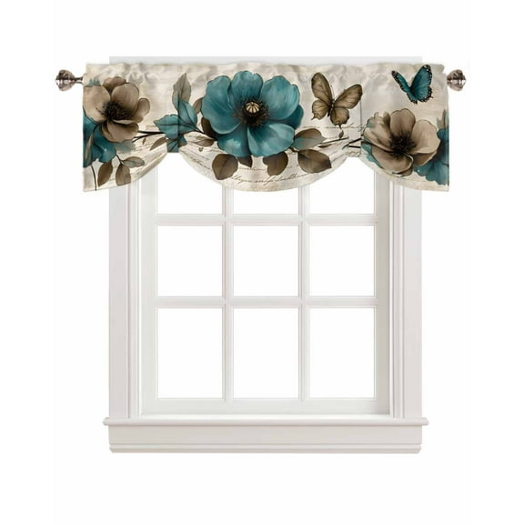 Tie Up Valance Curtain for Kitchen,Vintage Teal Blue Flower Butterfly Rod Pocket Short Curtains Adjustable Tie-Up Shade Valances,Spring Floral Window Treatment for Bathroom Bedroom