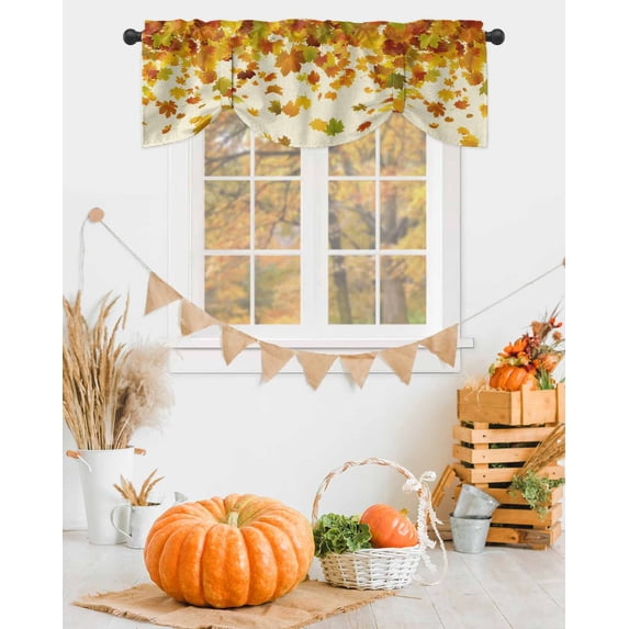 Tie Up Valance Curtain for Kitchen,Vintage Thanksgiving Maple Leaf Rod Pocket Short Curtains Adjustable Tie-Up Shade Valances,Country Plant on Linen Window Treatment for Bathroom Living Room Bedroom