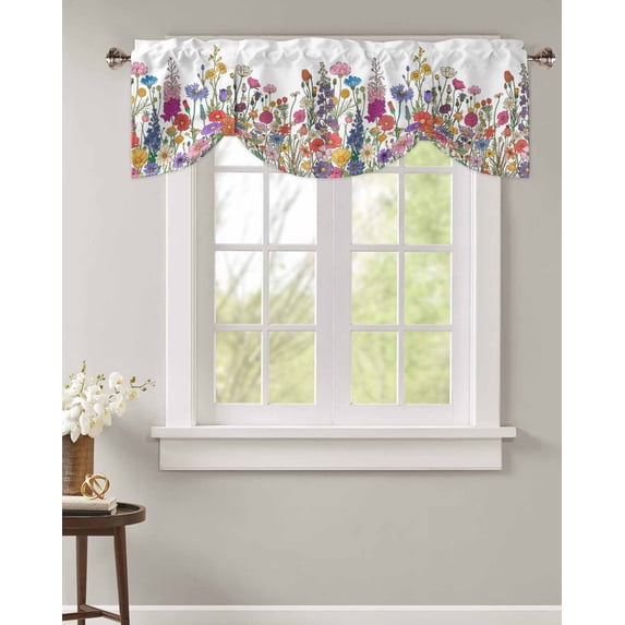 Tie Up Valance Curtain for Kitchen, Watercolor Blossom Flower Leaves Rod Pocket Short Curtains Adjustable Tie-Up Shade Valances, Blooming Floral Plant Window Treatment for Bathroom Living Room Bedroom