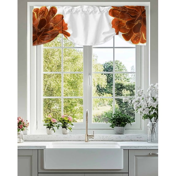 Tie Up Valance Curtain for Kitchen, Watercolor Blossom Orange Flower Rod Pocket Short Curtains Adjustable Tie-Up Shade Valances, Classic Abstract Art Window Treatment for Bathroom Living Room Bedroom