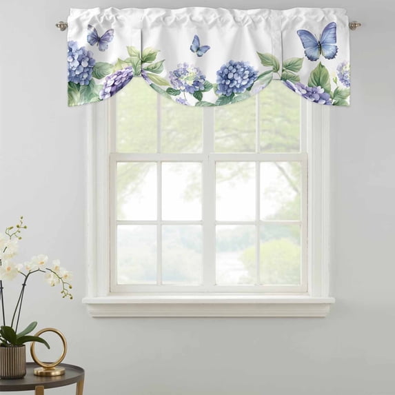 Tie Up Valance Curtain for Kitchen,Watercolor Blue Butterfly Flower on White Rod Pocket Short Curtains Adjustable Tie-Up Shade Valances,Spring Botanical Window Treatment for Bathroom Living Room