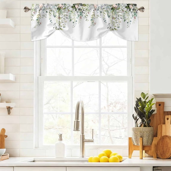 Tie Up Valance Curtain for Kitchen,Watercolor Green Leaves Pink Flower Rod Pocket Short Curtains Adjustable Tie-Up Shade Valances,Spring Botantical Window Treatment for Bathroom Living Room Bedroom