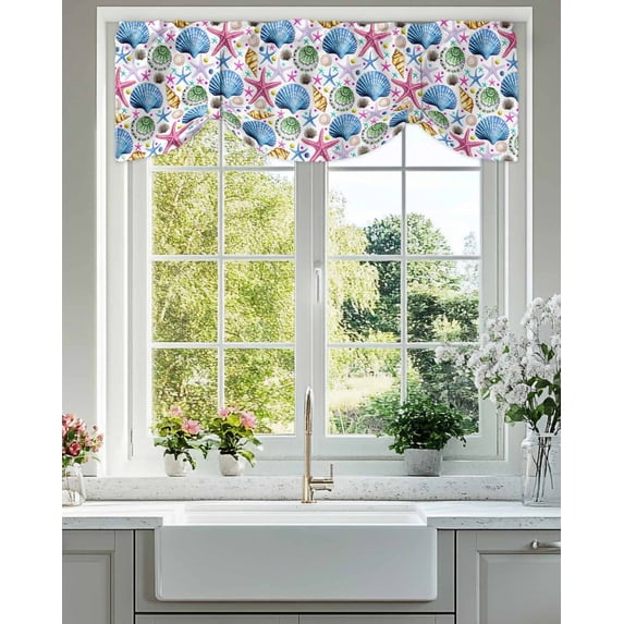 Tie Up Valance Curtain for Kitchen,Watercolor Ocean Shell Starfish Conch Rod Pocket Short Curtains Adjustable Tie-Up Shade Valances,Summer Marine Life Window Treatment for Bathroom Living Room