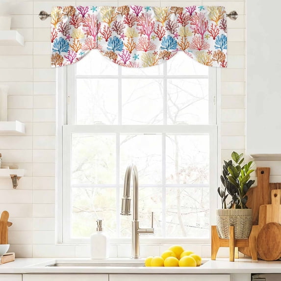 Tie Up Valance Curtain for Kitchen,Watercolor Ocean Starfish Sea Coral Rod Pocket Short Curtains Adjustable Tie-Up Shade Valances,Colorful Marine Life Window Treatment for Bathroom Living Room