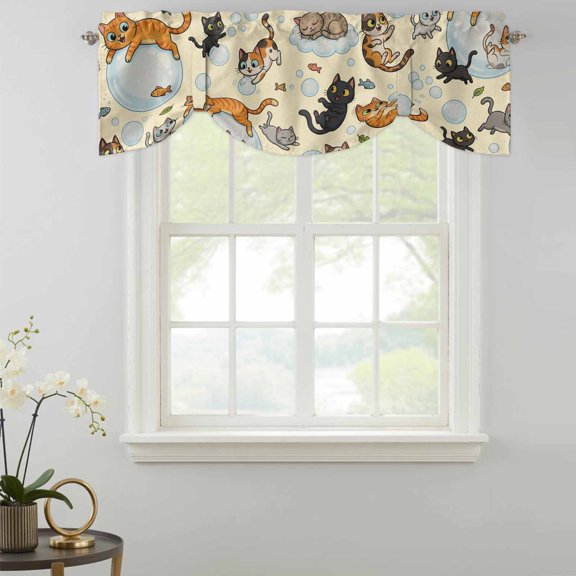Tie Up Valance Curtain for Kitchen, Watercolor Pets Fish Bubbles Rod Pocket Short Curtains Adjustable Tie-Up Shade Valances, Brown Background Window Treatment for Bathroom Living Room Bedroom