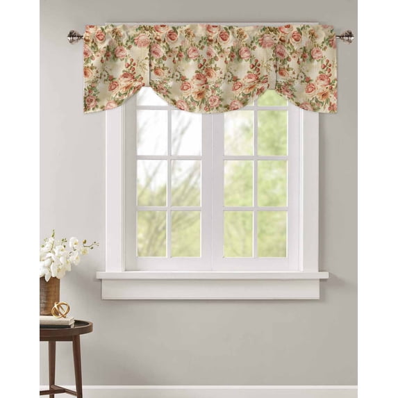 Tie Up Valance Curtain for Kitchen, Watercolor Pink Rose Floral on Vintage Rod Pocket Short Curtains Adjustable Tie-Up Shade Valances, Flower Leaves Window Treatment for Bathroom Living Room Bedroom