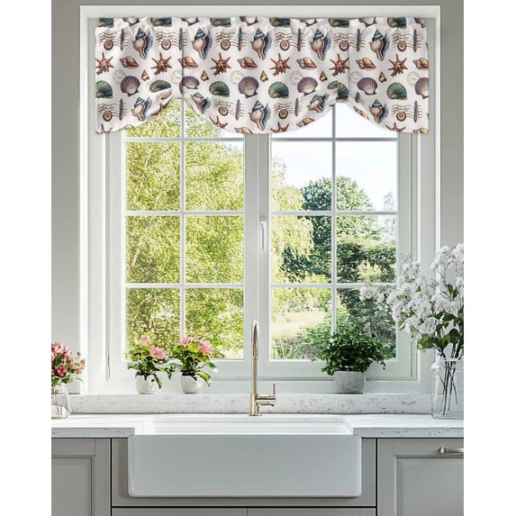 Tie Up Valance Curtain for Kitchen, Watercolor Starfish Conch Shell on Retro Rod Pocket Short Curtains Adjustable Tie-Up Shade Valances, Marine Life Window Treatment for Bathroom Living Room Bedroom
