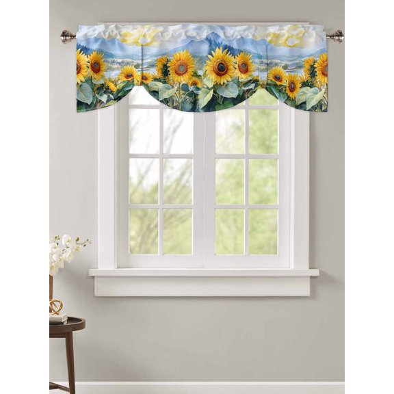 Tie Up Valance Curtain for Kitchen,Watercolor Summer Sunflower Rod Pocket Short Curtains Adjustable Tie-Up Shade Valances,Vintage Rural Natural Scene Window Treatment for Bathroom Living Room Bedroom