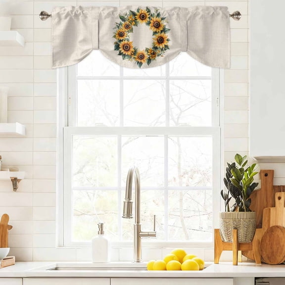 Tie Up Valance Curtain for Kitchen,Watercolor Summer Sunflower Wreath Leaves Rod Pocket Short Curtains Adjustable Tie-Up Shade Valances,Retro Linen Window Treatment for Bathroom Living Room Bedroom