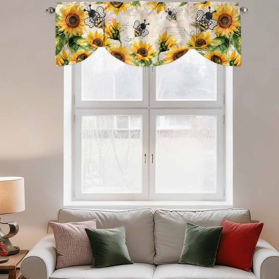 Tie Up Valance Curtain for Kitchen,Watercolor Sunflower Bee Bloom Floral Rod Pocket Short Curtains Adjustable Tie-Up Shade Valances,Farm Plant Vintage Letter Window Treatment for Bathroom Bedroom