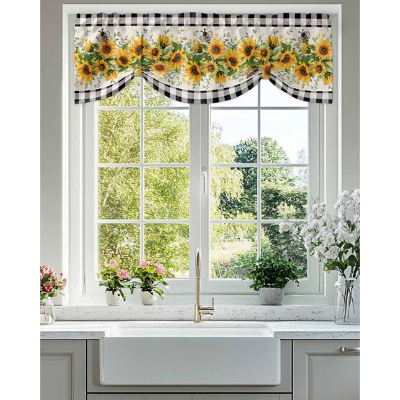 Tie Up Valance Curtain for Kitchen,Watercolor Sunflower Bee Green Leaves Rod Pocket Short Curtains Adjustable Tie-Up Shade Valances,Black Buffalo Plaid Window Treatment for Bathroom Living Room
