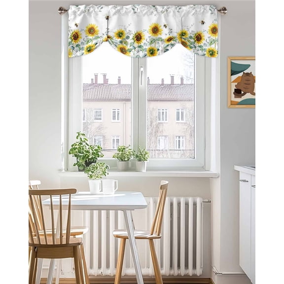 Tie Up Valance Curtain for Kitchen, Watercolor Sunflower Green Eucalyptus Leaves Rod Pocket Short Curtains Adjustable Tie-Up Shade Valances, Farm Plant on White Window Treatment for Bedroom 42x18in