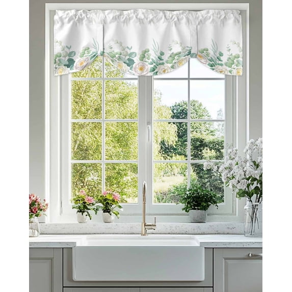 Tie Up Valance Curtain for Kitchen,Watercolor White Flowers Rod Pocket Short Curtains Adjustable Tie-Up Shade Valances,Summer Eucalyptus Leaves Window Treatment for Bathroom Living Room Bedroom
