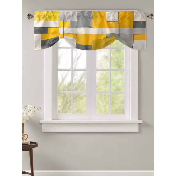 Tie Up Valance Curtain for Kitchen,Watercolor Yellow Grey White Block Rod Pocket Short Curtains Adjustable Tie-Up Shade Valances,Abstract Modern Art Window Treatment for Bathroom Living Room Bedroom